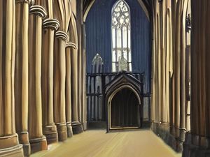 It definitely shows the inside of a cathedral, but not necessarily Shrewsbury.