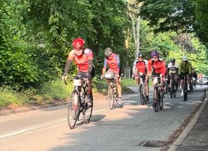 Cyclists leaving the hospice
