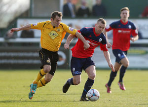 Lee Chilton of Leamington and Tony Gray of AFC Telford United