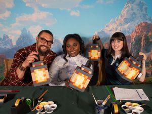 Supporting image for story: Jason Momoa and Danielle Brooks make Minecraft Movie lanterns on Blue Peter