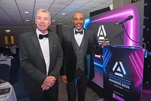 BUSINESS COPYRIGHT NATIONAL WORLD TIM STURGESS 13/11/24.  Ladder for the Black Country  Apprentice Awards 2024 .The Richardson Suite at West Bromwich Football Club. Pictured,left, Rob Colbourne and Kevin Davis.