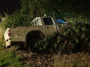 Supporting image for story: Crashed pick-up truck abandoned on Telford roundabout