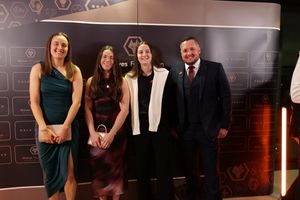 Wolves Women players Anna Morphet, Beth Merrick and Katie Johnson with manager Dan McNamara.