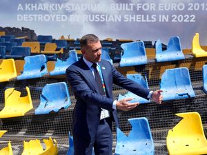 Supporting image for story: Ukraine displays destroyed stadium stand in reminder of war ahead of Euros game