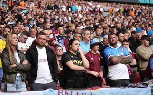 Aston Villa fans react during the Emirates FA Cup semi-final match at Wembley Stadium, London. Picture date: Saturday April 26, 2025.