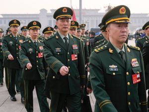 Military delegates march ahead of the opening session of the National People’s Congress at the Great Hall of the People in Beijing