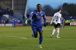 Dan Udoh of Shrewsbury Town celebrates after scoring a goal to make it 2-0 (AMA)