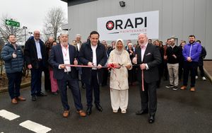 Official opening of the new Orapi Maintenance UK building in Wednesbury. Cutting the ribbon are Mark Pearson, CEO Francois Thuilleur, councillor Syeda Khatun, and David East.