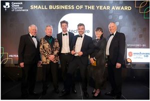 Nick Owen MBE; David Mitchell, Cannock Chase Chamber of Commerce President; Lewis Lydiard and Oliver Aleksejuk from Techcare; and Enoch Evans presenting the award.