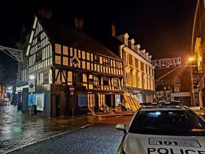 Supporting image for story: Storm Jocelyn dislodges hoardings from around 15th century Oswestry building