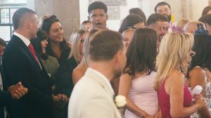 The guests' reaction to the Joe and Tori's surprise wedding at Studley Parish Church.