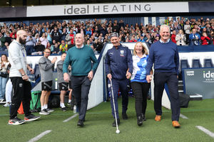 His fundraising efforts have been done in the name of the club he loves. He's pictured here with Baggies legends Tony Brown and Ally Robertson at the Hawthorns. Photo: Adam Fradgley/West Bromwich Albion FC via Getty Images