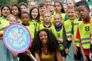 Beverley Knight with pupils at Uplands Junior School