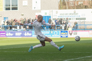 Byron Moore races past Gateshead keeper Fillip Marschall to put the ball into the net from a tight angle (Kieran Griffin)