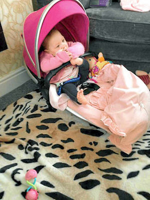 Destiny in her pink pram seat which was taken in the theft