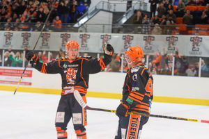 Rhodes Mitchell King celebrates with Vladimir Luka as he opens the scoring.