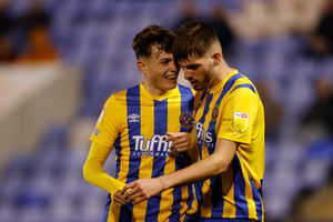 Tom Bloxham of Shrewsbury Town celebrates after scoring a goal to make it 1-1. (AMA)