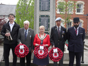 Bugler Sean Milward, Mike Hiles representing the RAFA, Knighton Mayor Councillor Chris Branford, Andy Evans representing the Royal British Legion and Thomas Heakin who said the exhortation. Image: Karen Compton