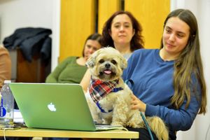 Harvey learns his lines on the lap of Jess Parker