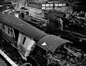 The loco of the parcels train buried itself in one of the rear coaches