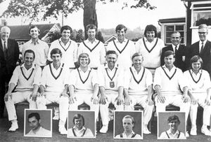 Shropshire – Minor Counties champions 1973. Back row, from left: Mr Steve Othen (scorer), Doug Slade, Brian Perry, Robert Burton, Cedric Boyns, Philip Oliver, Mr Harold Botfield (secretary/team manager), Mr Bob Tranter (chairman). Seated: Dave York, Steve Johnson, David Humphries, Geoff Othen (captain), Eric Marsh (vice captain), Peter Bradley, John Hayward. Inset: David Barber, Stuart Mason, Mark Thornycroft, Brian Davies.