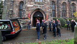 The military funeral of Northern Ireland veteran Luke Smith, at St Michael's and All Angels Church, Penkridge.Standard bearers at the door of the church.