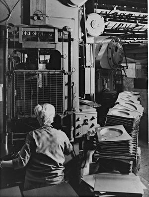 Birmingham Sound Reproducers (B.S.R.), record players, Stourbridge, June 1969. 'Main plates for the BSR record changer being produced at the Stourbridge factory.' 