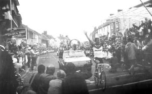 'Mark Bell crossing the finish line of Newport's National Road Race Championship final in 1986.’ Newport’s cobbles were made treacherous by drizzling rain and several riders crashed, ending the hopes of several of the top men.