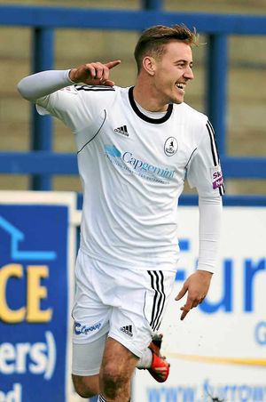 Adam Farrell of AFC Telford United celebrates after scoring a goal to make it 1-0