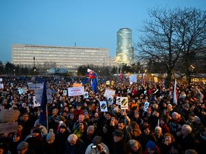 Thousands of protesters gather to oppose the policies of Slovakia’s Prime Minister Robert Fico in Bratislava, Slovakia