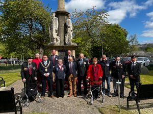 Veterans, Royal British Legion members and the Girl Guide leader who attended the service at Builth Wells’ war memorial. Image by Cllr Mark Hammond