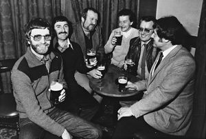 February 1983: 'Relaxing in the traditional fashion are (from left) Maurice Parton, Mike Simpson, Phil Thomas, Dave Bagley, John Timmins and Geoff Bagnall having a drink.'