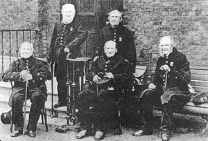 Shropshire soldier Private Sampson Webb, of the 3rd Foot Guards, is on the right of this photo taken in June 1880 of the five surviving soldiers of the 1815 Battle of Waterloo in the courtyard of Chelsea Hospital. He was wounded in the leg and shoulder at the battle. He died on April 14, 1881. He was pictured at the hospital along with four other survivors of the Battle of Waterloo. The picture is used in a book by Paul Ridgley called 'Shropshire soldiers of the Peninsular War and Waterloo.'