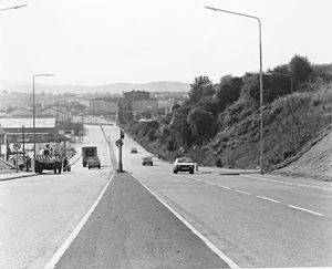 Looking down Pedmore Road towards the former British Steel, Round Oak Steelworks site. Picture taken in the 1980s.