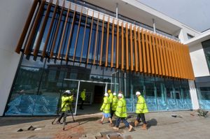 Pic at Stafford College where MP Theo Clarke, Education Secretary: Gillian Keegan and Principal Craig Hodgson, were chatting to students and look around the new building