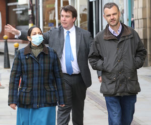 Home Secretary Priti Patel in Welshpool with Craig Williams MP and Jon Burns, Tory candidate for the position of Dyfed Powys Police and Crime Commissioner in Dyfed-Powys