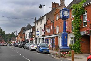 Eccleshall High Street's striking blue clock tower