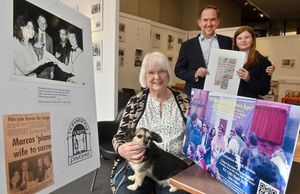 Longstanding former Wem Councillor Pauline Dee with her son Julian, granddaughter Mia, and beloved dog Gigi, as Wem Town Hall hosts an exhibition about 1985/86 mayoral year - and the people she met throughout the term.
