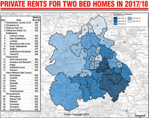 A map showing how the cost of renting a two-bed home varies across the region