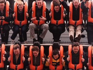 A picture from March 6 1998 when a few ‘lucky’ passengers are given an exclusive preview of the new ‘Oblivion’ ride at Alton Towers, a terrifying, vertical drop ride, in which thrill-seekers plunge nearly 200ft face first, at a speed of 110 Km and a maximum G-force of 4.5