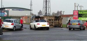The overturned van in Shrewsbury. Photo @SaraJehu