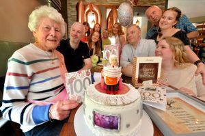 Muriel Rees celebrating her 100th birthday. Her and her husband used to work at the Express & Star, which was reflected on the cake. She celebrated her birthday with her grandchildren and great grandchildren: Andrew Stinton, Chloe Mason, Libby Stinton, Abigail Stinton, Mark Stinton, Katie Leonard and Kerri Leonard.