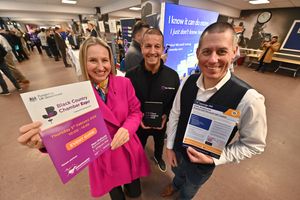 The Black Country Chamber Expo event at Dunstall Park Racecourse, Wolverhampton. Black Country Chamber Chief Executive Sarah Moorhouse, with Tim Hubbard from 'Your Digital Hub', and Matt Weston from ' Vantage 365'.