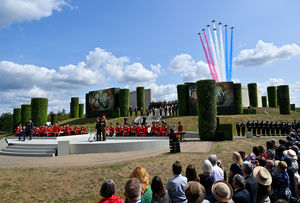 The aerobatic display team of the Royal Air Force, The Red Arrows, fly overhead during the national Service of Remembrance, hosted by the Royal British Legion in partnership with the Government, to mark the 80th Anniversary of VJ Day at the National Memorial Arboretum in Alrewas, Staffordshire. Picture date: Friday August 15, 2025. PA Photo. Photo credit should read: Anthony Devlin/PA Wire 