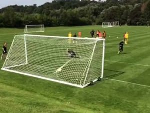 Supporting image for story: Wolves players test out their goalkeepers