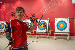 Para archer Jamie Harris at the Performance Archery Centre, in Lilleshall, Shropshire