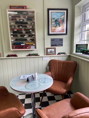 The Waiting Room coffee bar at The Retro Station, Leominster, where you can have a sit down, hot dtinks and buy vintage train memorabilia.