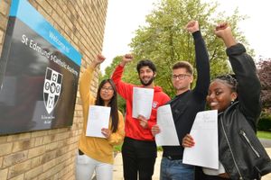 Princess Viloria, Arnav Sharma, Jacub Kolasa and Kyra Martin Chambers their A-Level results at St Edmund's Catholic Academy
