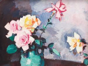 A close-up of Roses In A Green Jug by Samuel John Peploe