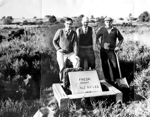 The grave of Freda, a dog mascot in the First World War, is buried on the Chase near Brocton Quarry. Here is is pictured in February, 1965.